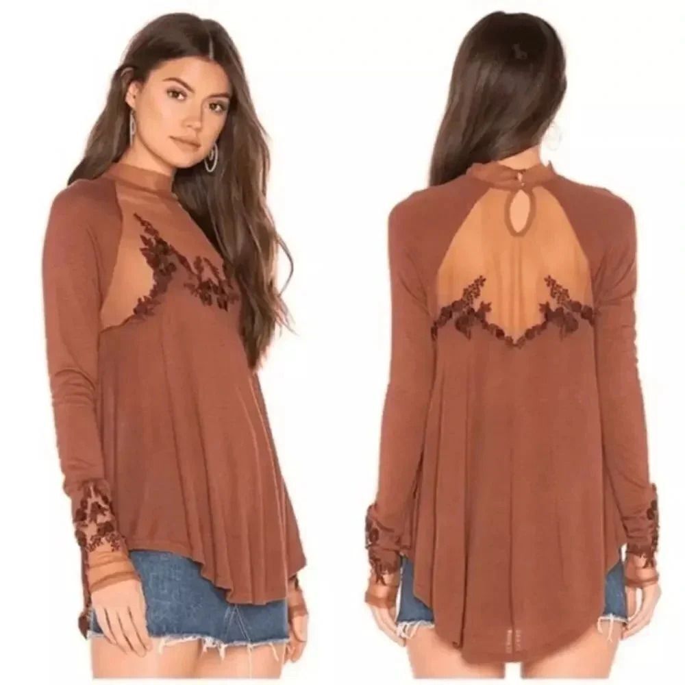 NWT women’s FREE PEOPLE Saheli Tunic in Woodlands Rust Brown Embroidered Top - Picture 2 of 11
